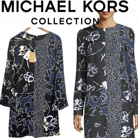 $1975 MICHAEL KORS COLLECTION NWT Designer Blue & Black Floral Dress – Size 10 - Picture 1 of 14
